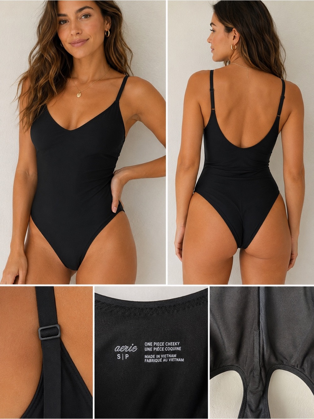 Aerie Black Cheeky One Piece Swimsuit Size Small Adjustable Straps